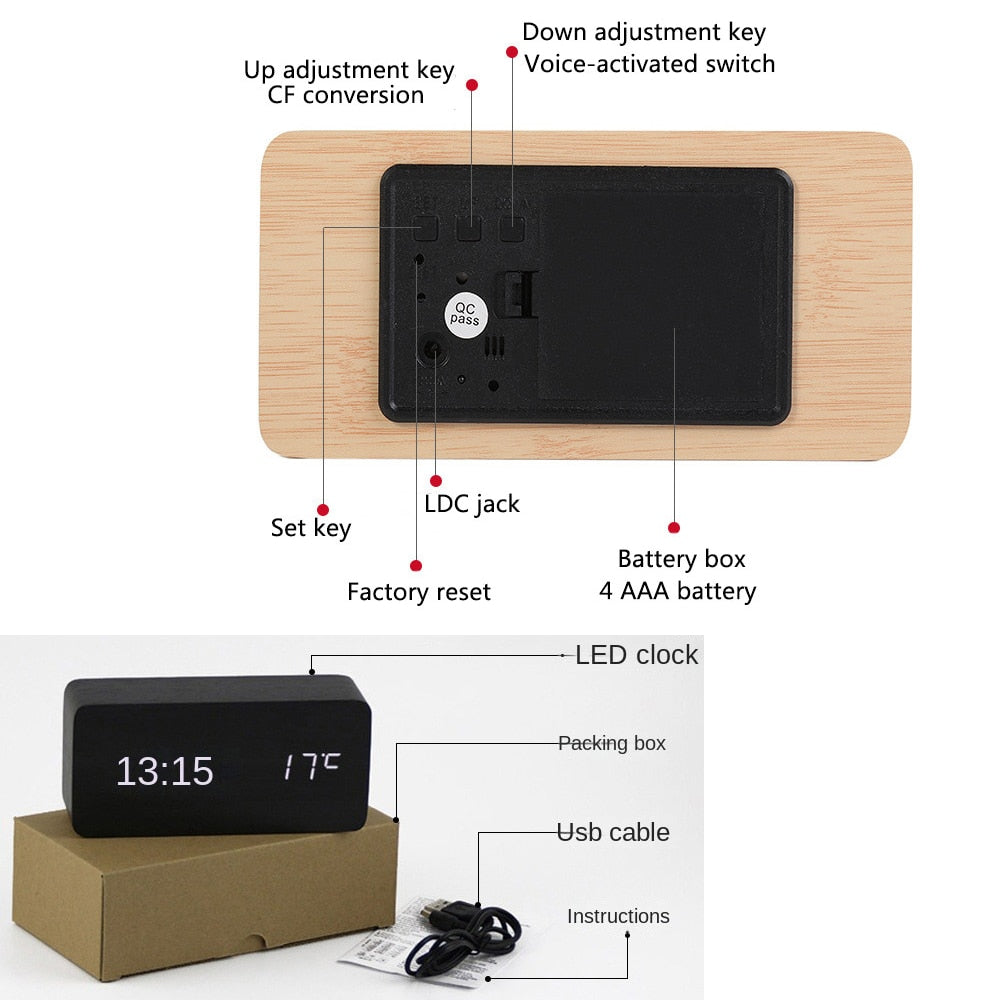 Modern Wooden Led Smart Alarm Clocks For Bedrooms Bedside Table Square Voice Control Desktop Digital Clock For Room